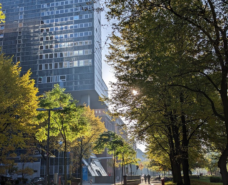 View of the HAW Hamburg main building in autumn